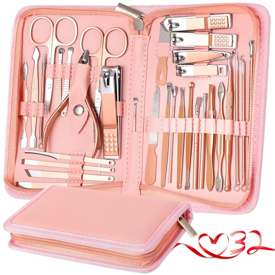 Manicure Set Pedicure Kit Womens Nail Clippers Set 32 in 1 Professional Grooming Care Tools Nail Kit Including Facial, Fingernails and Toenails Care with Travel Case Women (Rose Pink_32 in 1)