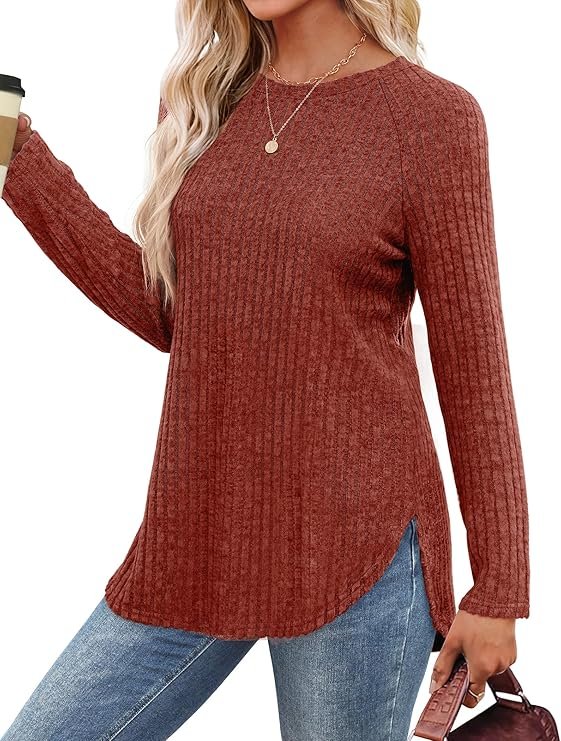 Saloogoe Long Sleeve Shirts for Women Tunic Tops for Women Loose Fit Dressy Crew Neck Pullover Basic Sweaters for Women 2024