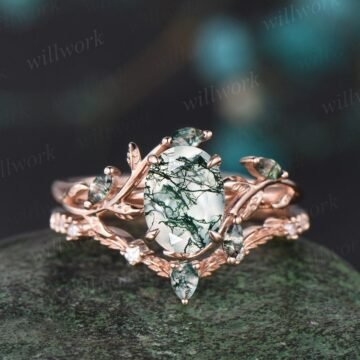 Vintage Green Moss Agate Engagement Ring Art Deco Rose Gold