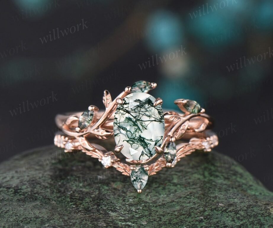 Vintage Green Moss Agate Engagement Ring Art Deco Rose Gold